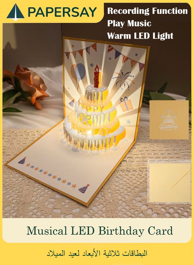PAPERSAY 3D Birthday Cards With Recording Function,  Play Music Warm LED Light Birthday Cake Card, Music Greeting Cards Gift for Women Mom Wife Sister Girl - Image 1